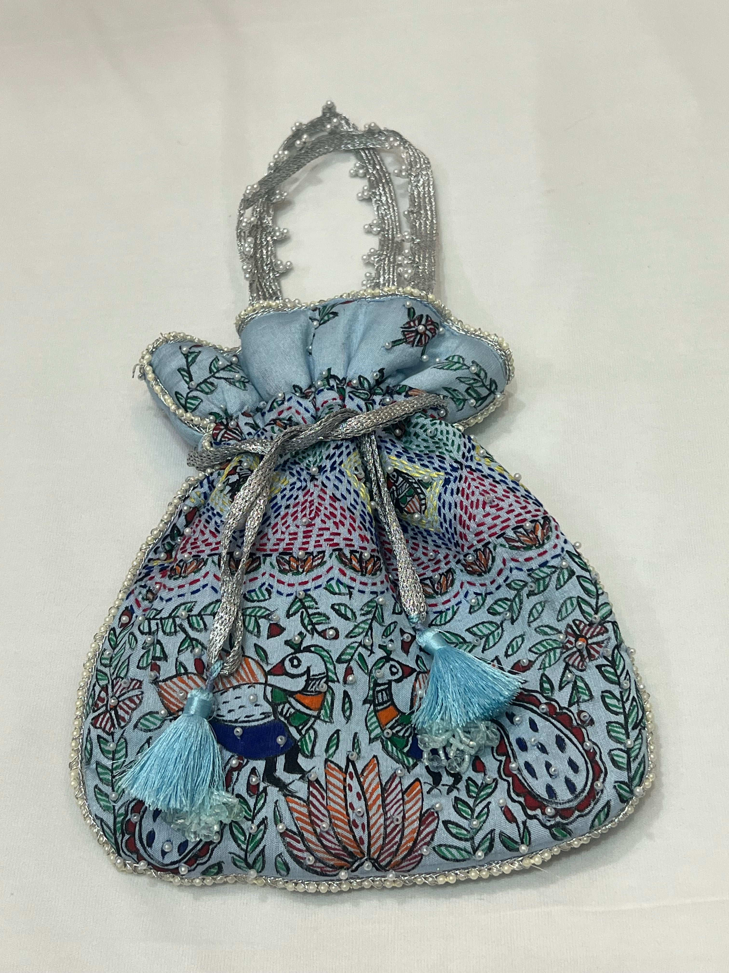 Hand-Painted BLUE Potli with Madhubani and Sujni Hand Embroidery